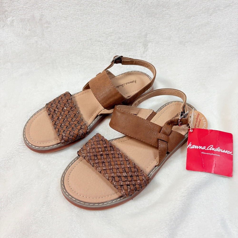 Hanna Andersson Sandals‎ Girls Sz 3 Tan Leather Woven Metallic 47582-071-3Y New